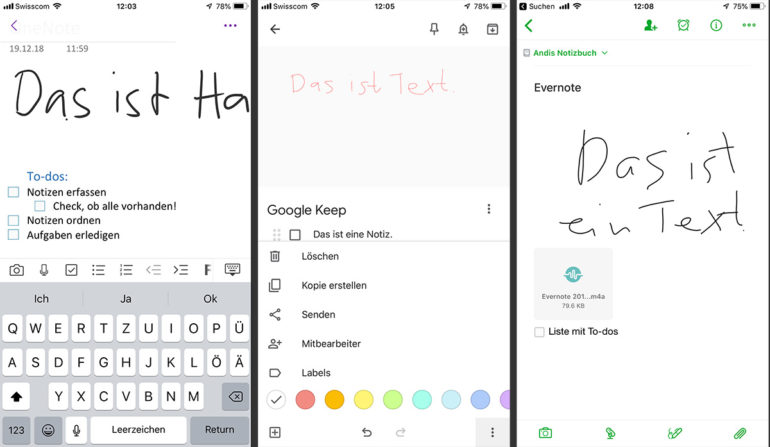 OneNote, Google Notizen und Evernote auf iPhone