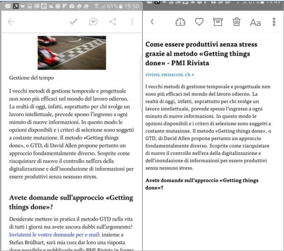 Pocket (a sinistra) e Instapaper ottimizzano gli articoli online per la lettura su dispositivi mobili.