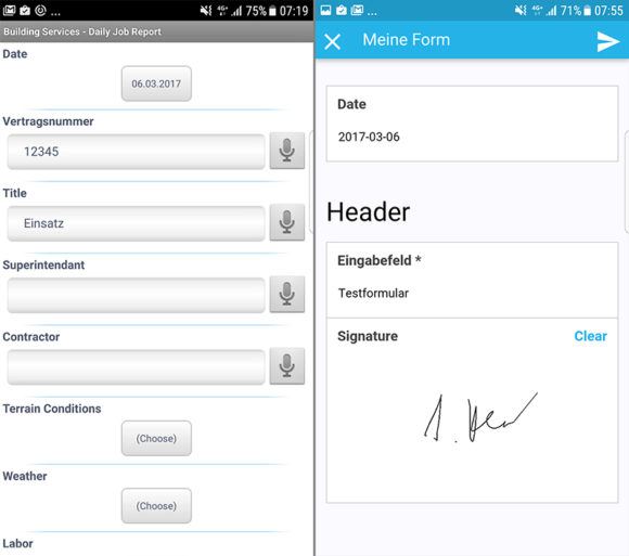 So präsentieren Mobile Forms und FormApp Formulare unterwegs, hier auf einem Android-Smartphone.