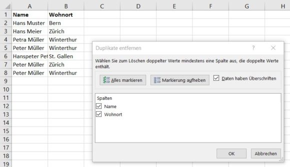 Excel doppelte Einträge löschen