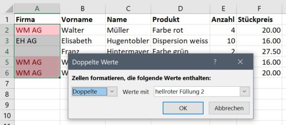 Excel Duplikate mit bedingter Formatierung anzeigen