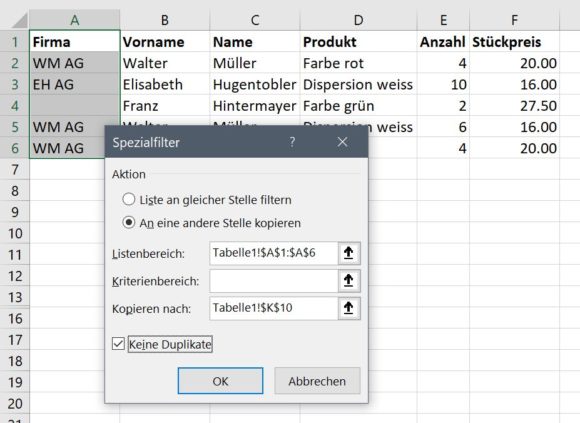 Excel erweiterter Filter: Duplikate ausschliessen