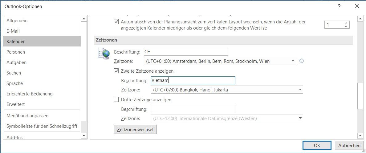 Mehrere Zeitzonen in Outlook-Kalender anzeigen