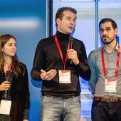 The announcement of the PoC during the closing ceremony of the 2018 Kickstart Accelerator with Manuela Disch, Patrick Veenhoff (both from Swisscom) and Teachy founder Christian von Olnhausen (from left to right).