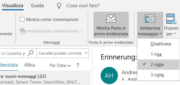 Outlook anteprima dei messagi