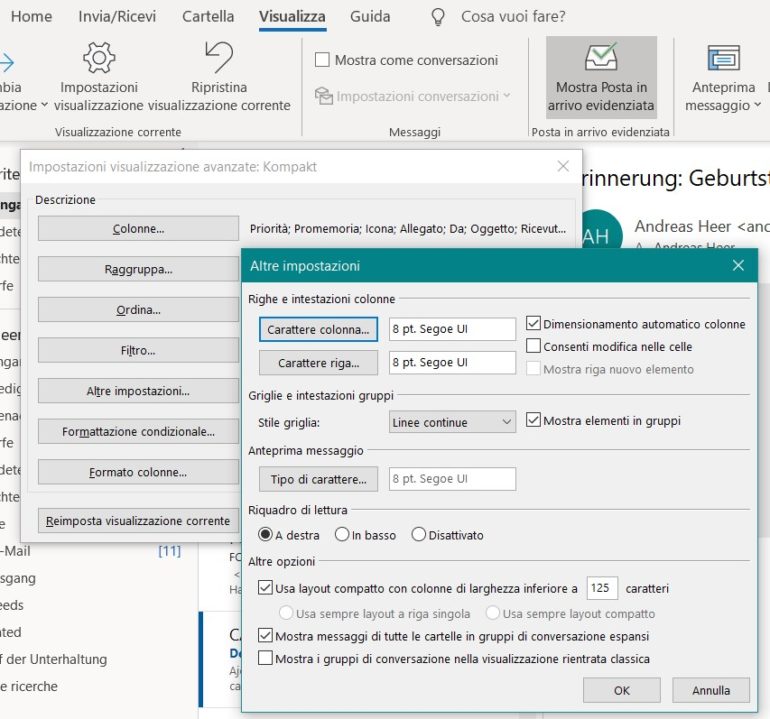 impostazioni di visualizzazione di Outlook