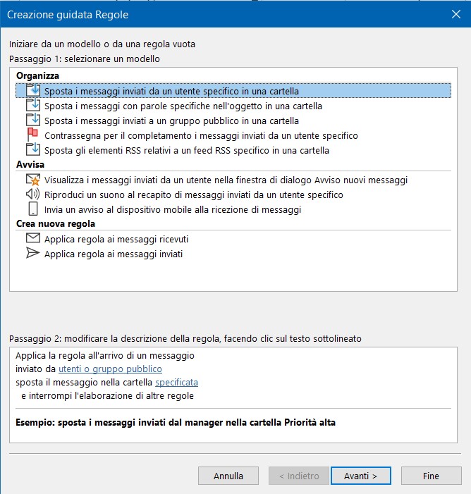 Outlook: Creazione guidata Regole