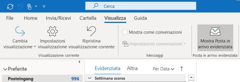 Outlook: posta in arrivo evidenziata