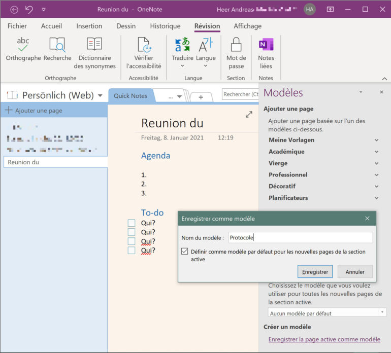 OneNote: modèles