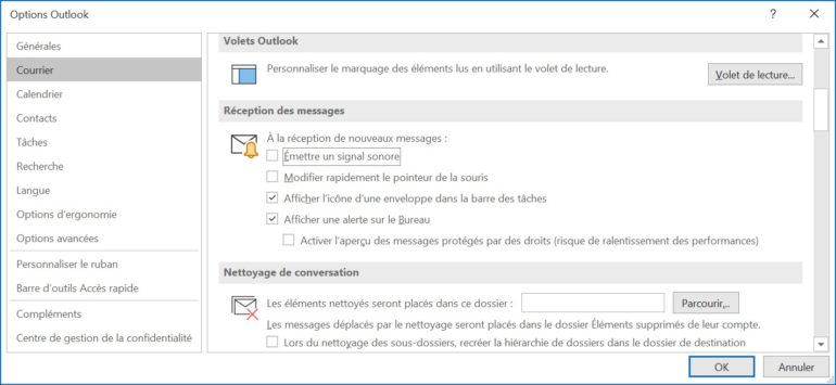 Dans les options, vous décidez comment et si Outlook vous informe des nouveaux e-mails.