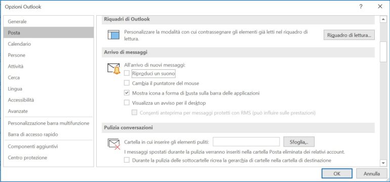 Nelle opzioni stabilite se e come Outlook deve notificare le nuove e-mail.