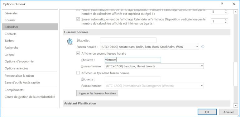Le calendrier Outlook peut afficher plusieurs fuseaux horaires.
