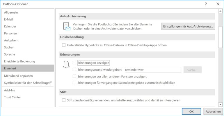 Outlook-Optionen: Terminbenachrichtigung ausschalten