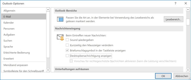 Outlook-Optionen: E-Mail-Benachrichtigungen