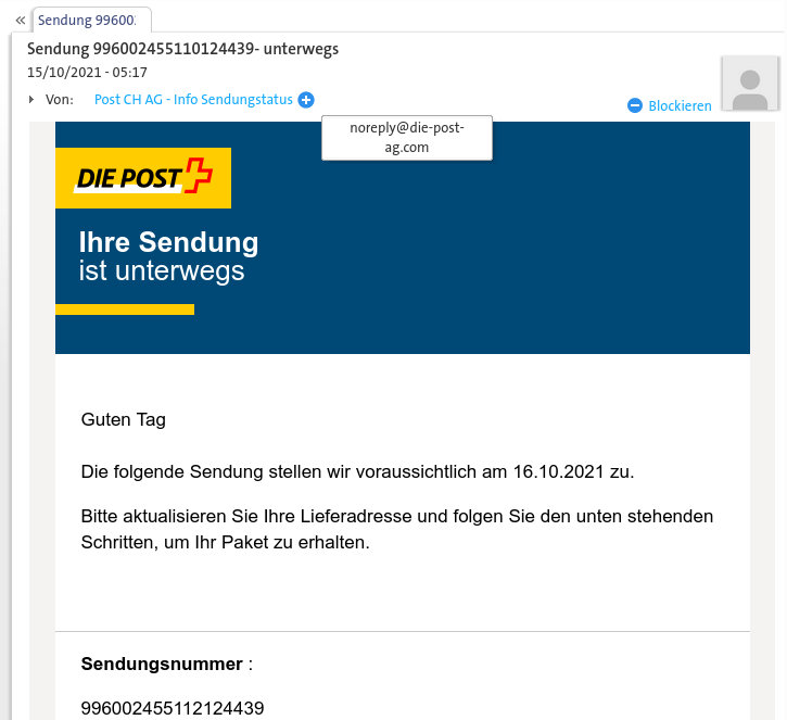 E-mail di phishing: consegna pacchi
