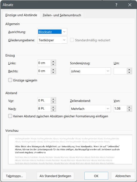 Blocksatz in Word via Absatzformat