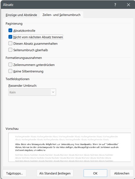 Absätze zusammenhalten mit der Absatzkontrolle in Word