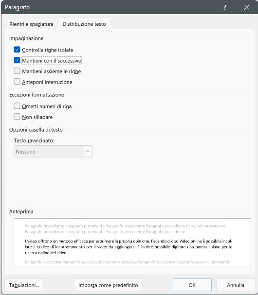 Tenere insieme i paragrafi con il controllo dei paragrafi in Word