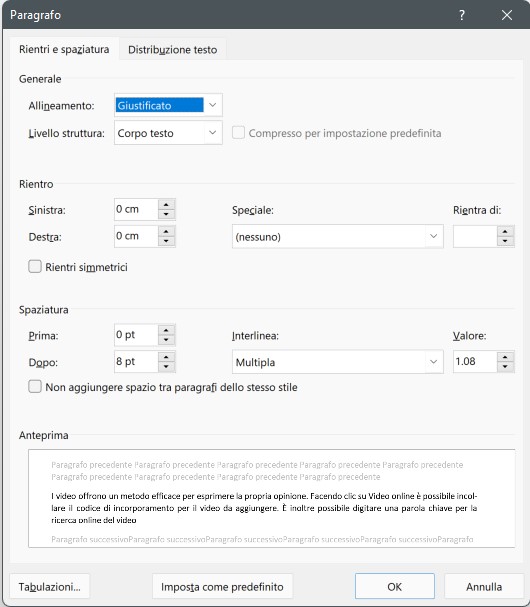 Giustificazione in Word attraverso le impostazioni del formato del paragrafo