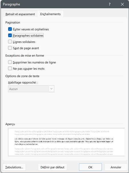 Garder les paragraphes ensemble grâce à l’option «Eviter veuves et orphelines» dans Word