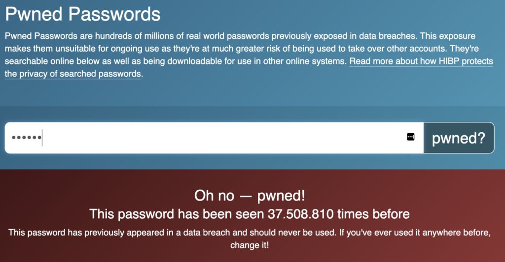 Screenshot der Webseite https://haveibeenpwned.com/ für das Passwort «123456» mit Angabe zur Menge der Datendiebstählen