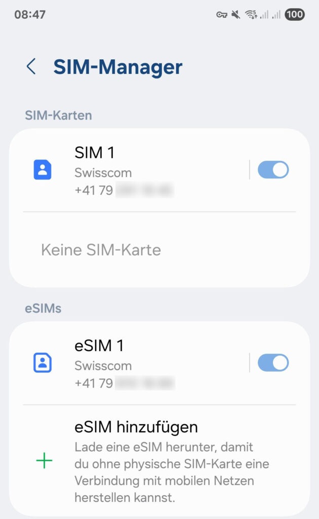 eSIM-Verwaltung mit dem SIM-Manager auf einem Samsung-Smartphone.